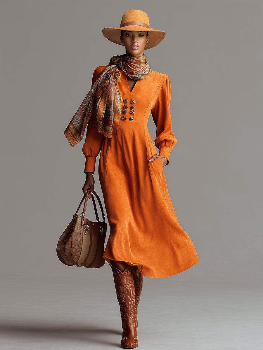 Fashionable Urban V-neck Orange Faux Suede Midi Dress
