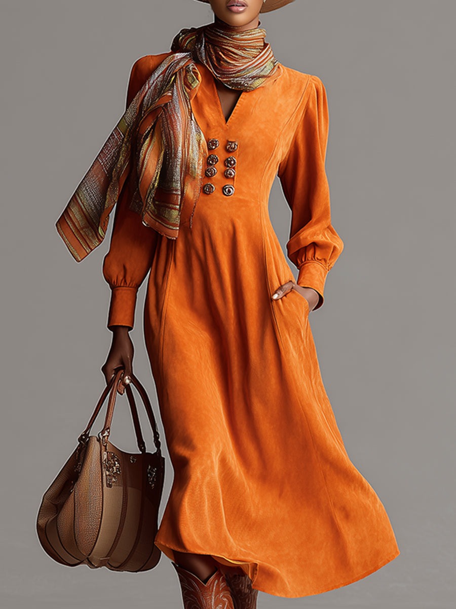 Fashionable Urban V-neck Orange Faux Suede Midi Dress