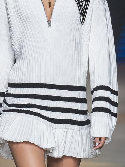 Retro Casual Sports Black Trim White Hooded Mini Dress