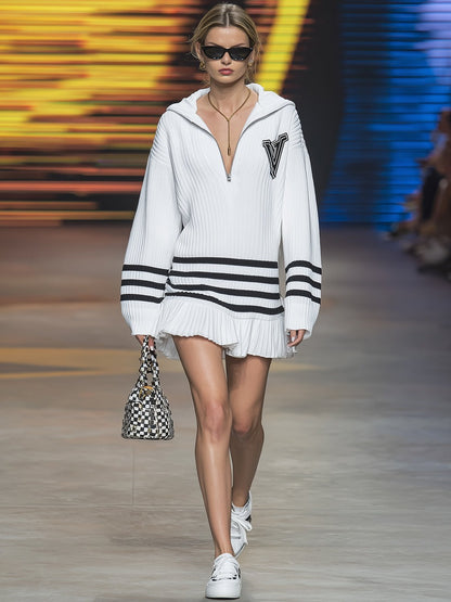 Retro Casual Sports Black Trim White Hooded Mini Dress