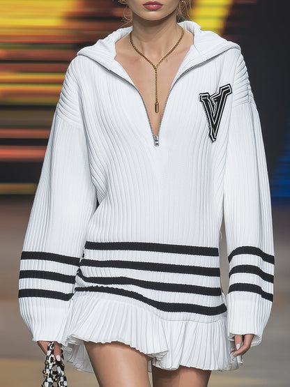 Retro Casual Sports Black Trim White Hooded Mini Dress