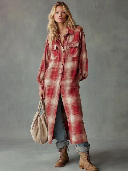 Casual Retro Red And Beige Plaid Shirt Maxi Dress