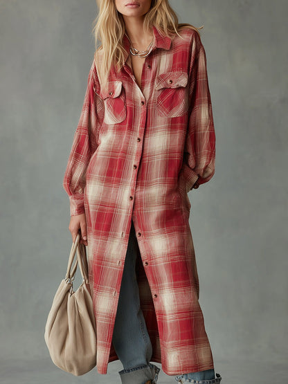 Casual Retro Red And Beige Plaid Shirt Maxi Dress