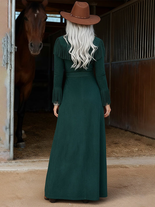 Trendy Western-style Fringed Slit Green Faux Suede Maxi Dress