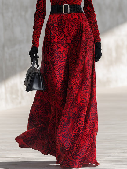 Vintage Leopard Print Stand Collar Long Sleeve Velvet Dress