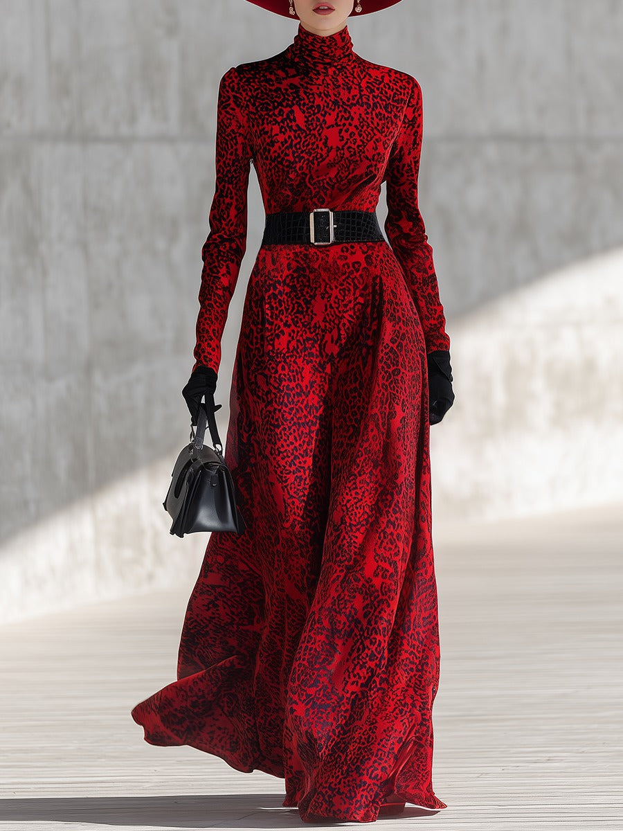 Vintage Leopard Print Stand Collar Long Sleeve Velvet Dress