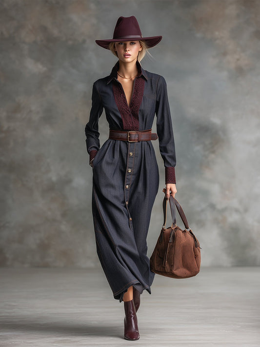 Retro Elegant Dark Blue Faux Denim Lapel Lace Trim Neckline Maxi Dress