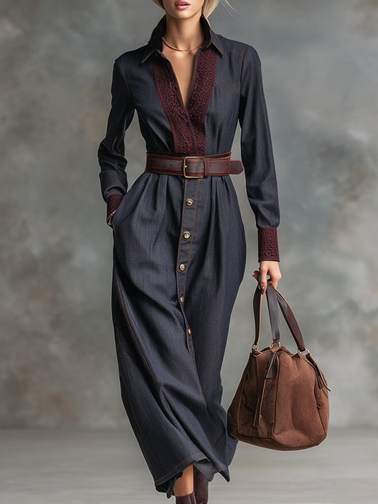 Retro Elegant Dark Blue Faux Denim Lapel Lace Trim Neckline Maxi Dress