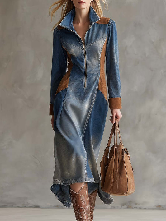 Vintage Western Distressed Lapel Front Zipper Brown Suede Stitching Blue Denim Midi Dress