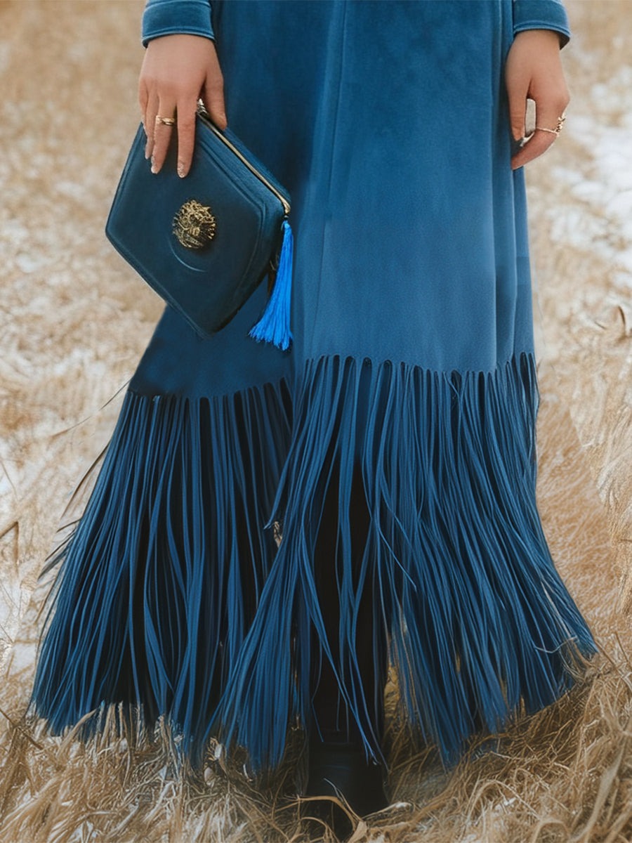 Western Blue Faux Suede Button Skirt With Tassel Maxi Dress