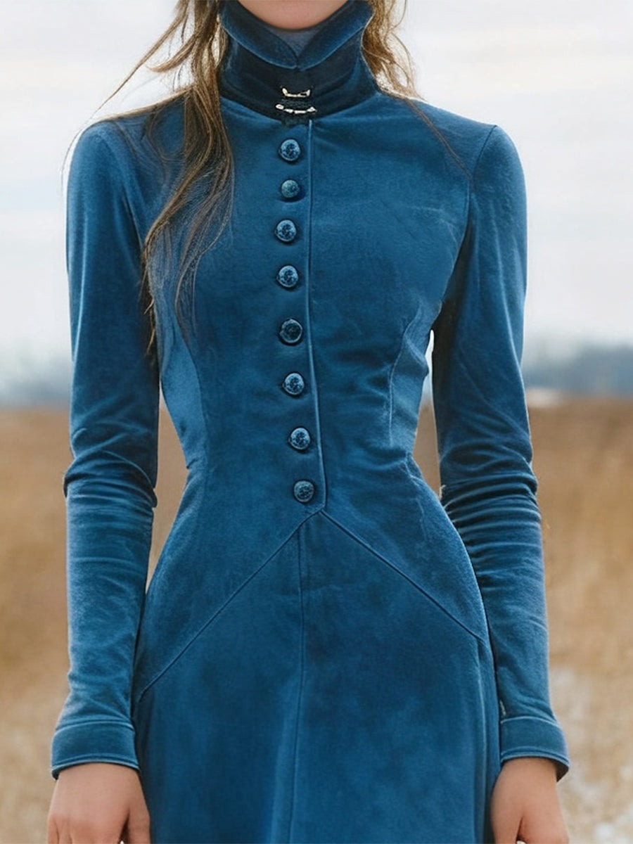 Western Blue Faux Suede Button Skirt With Tassel Maxi Dress