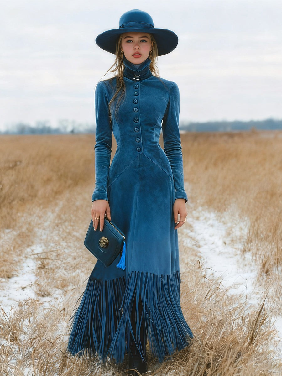 Western Blue Faux Suede Button Skirt With Tassel Maxi Dress