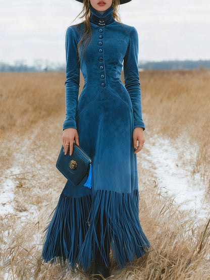 Western Blue Faux Suede Button Skirt With Tassel Maxi Dress