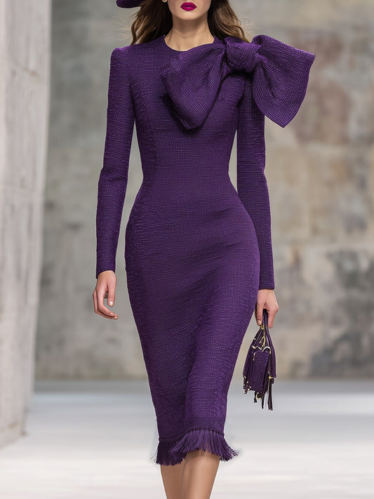 Round Neck Oversized Bow Embellishment Tweed Midi Dress