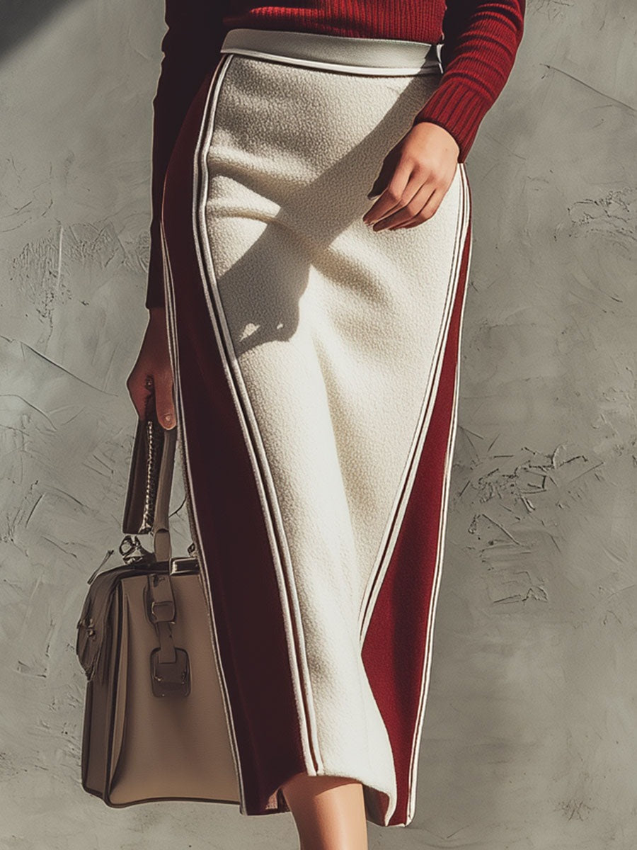 Elegant And Stylish Red Knit Top And Red And White Color-blocked Skirt Set