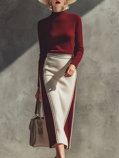 Elegant And Stylish Red Knit Top And Red And White Color-blocked Skirt Set