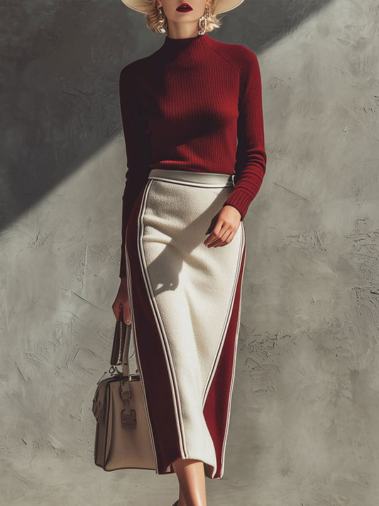 Elegant And Stylish Red Knit Top And Red And White Color-blocked Skirt Set