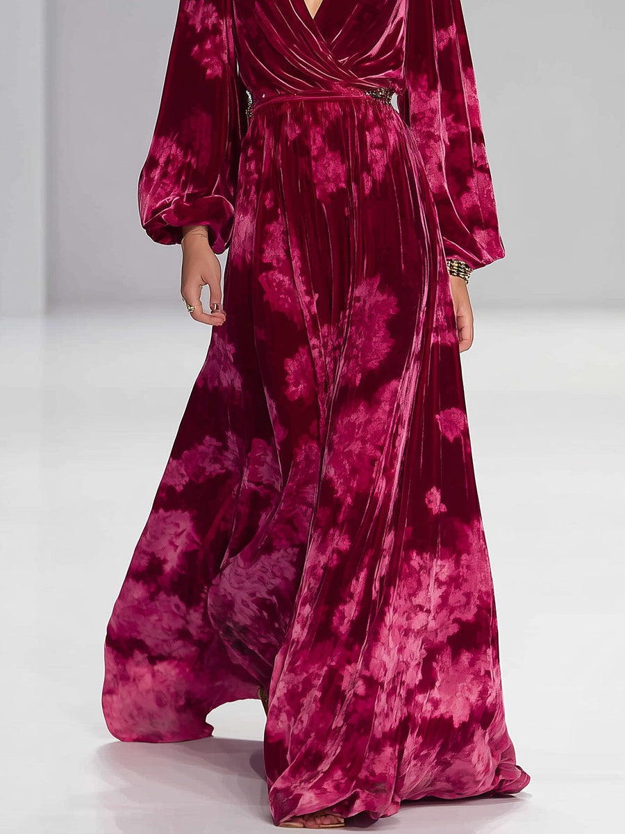 Casual Retro 3D Floral Embellished Red Printed Velvet Maxi Dress