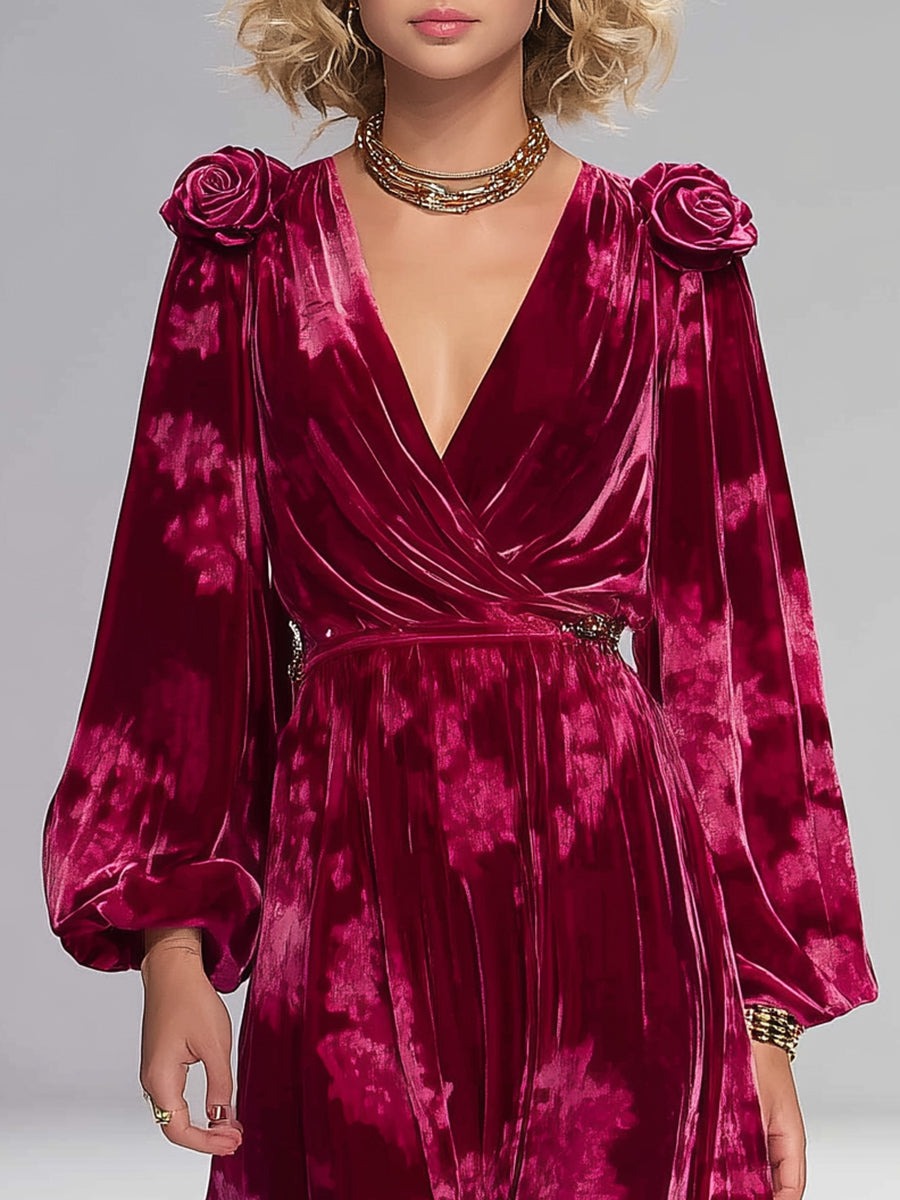 Casual Retro 3D Floral Embellished Red Printed Velvet Maxi Dress