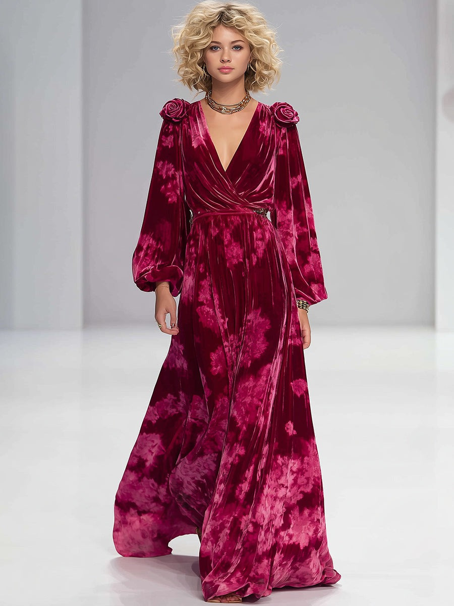 Casual Retro 3D Floral Embellished Red Printed Velvet Maxi Dress