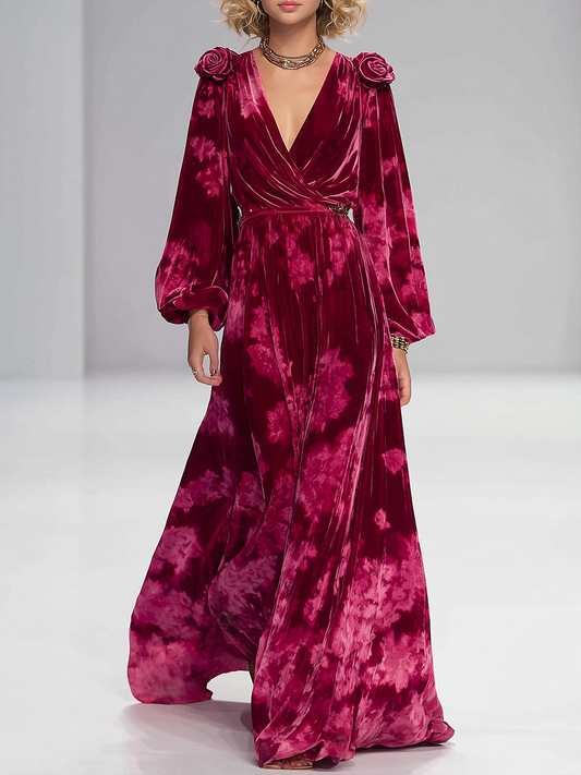 Casual Retro 3D Floral Embellished Red Printed Velvet Maxi Dress