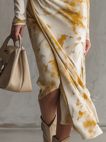 Stylish And Sophisticated Yellow Floral Print White Velvet Midi Dress