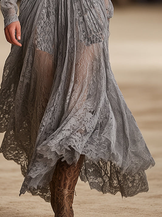 Elegant Retro Round Neck Grey Lace Belt Maxi Dress