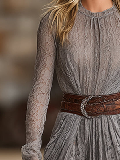 Elegant Retro Round Neck Grey Lace Belt Maxi Dress