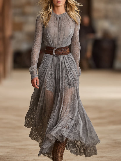 Elegant Retro Round Neck Grey Lace Belt Maxi Dress