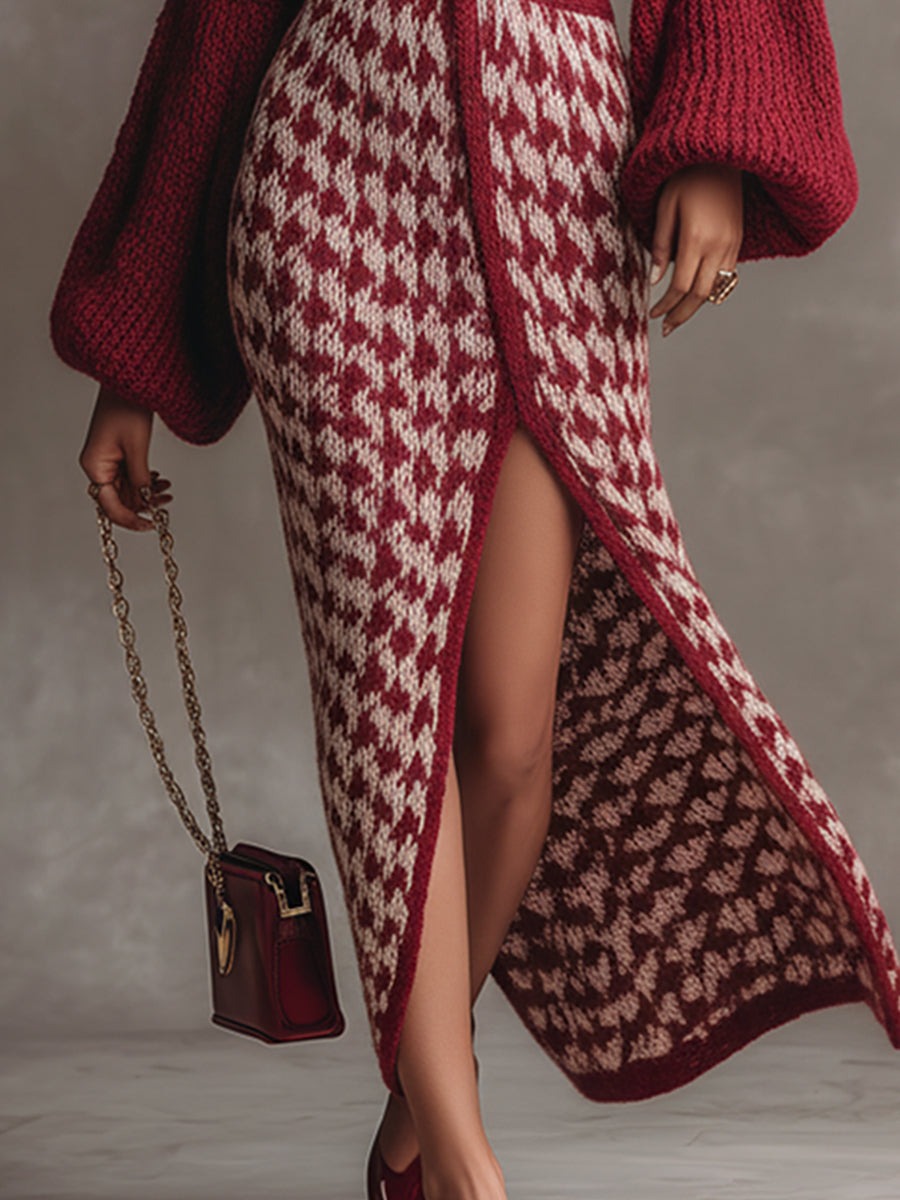 Elegant Retro Dark Red Patchwork Houndstooth V-neck Knit Maxi Dress
