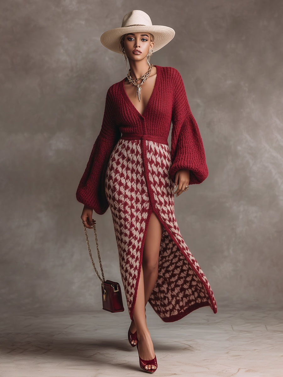 Elegant Retro Dark Red Patchwork Houndstooth V-neck Knit Maxi Dress