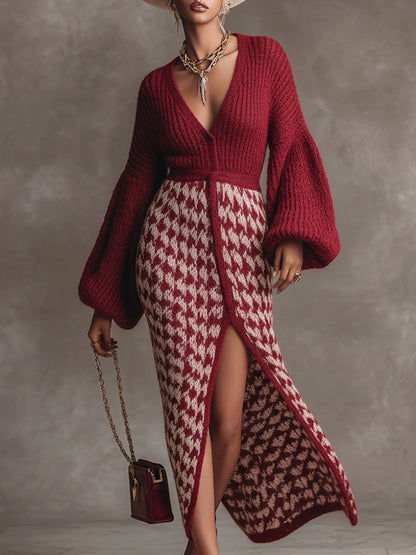 Elegant Retro Dark Red Patchwork Houndstooth V-neck Knit Maxi Dress