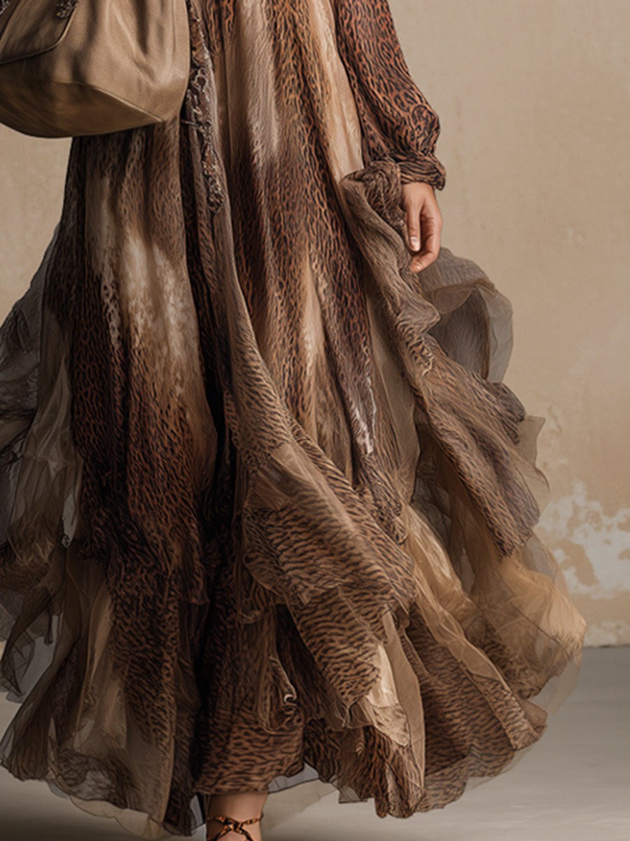 Retro Elegant Brown Animal Print Chiffon Neckline With Ribbon Maxi Dress