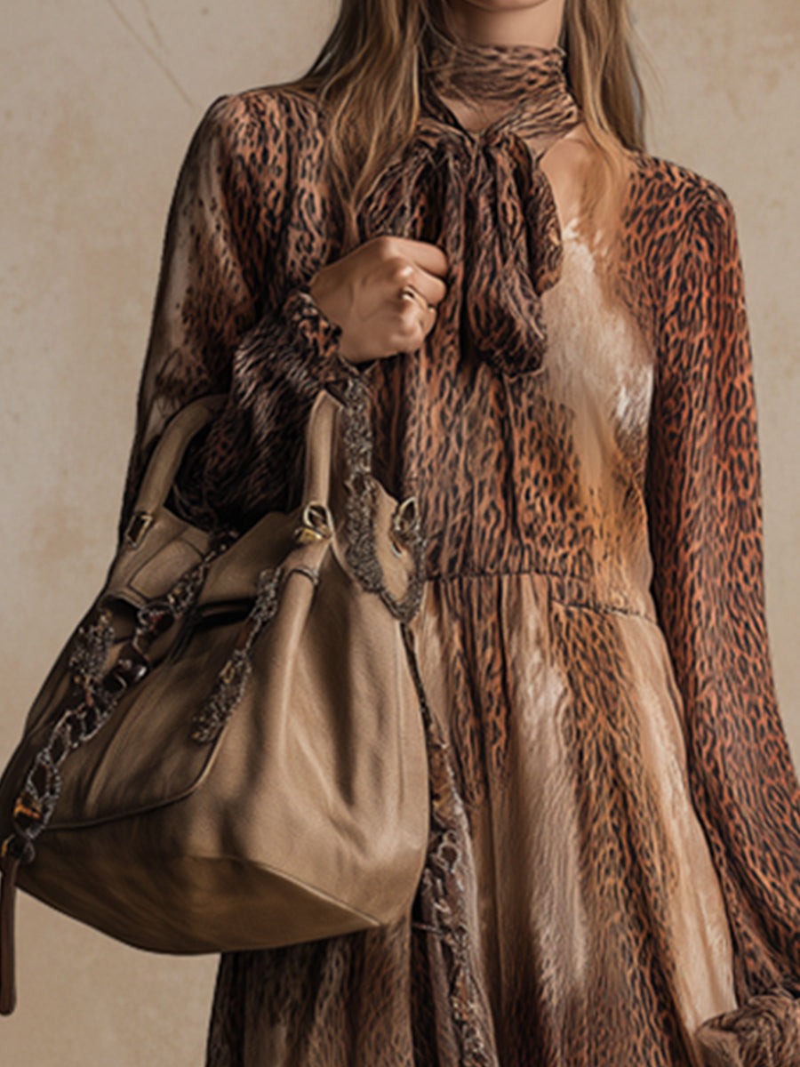 Retro Elegant Brown Animal Print Chiffon Neckline With Ribbon Maxi Dress