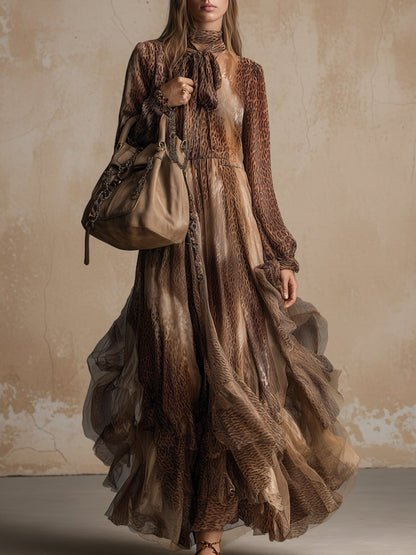 Retro Elegant Brown Animal Print Chiffon Neckline With Ribbon Maxi Dress