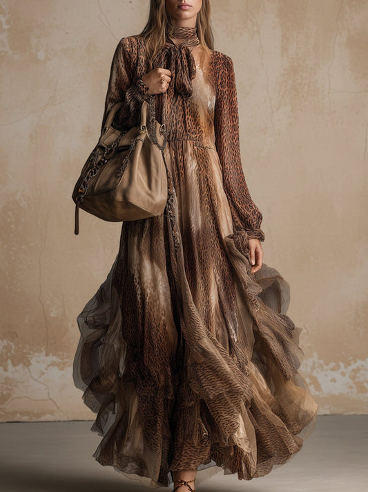 Retro Elegant Brown Animal Print Chiffon Neckline With Ribbon Maxi Dress