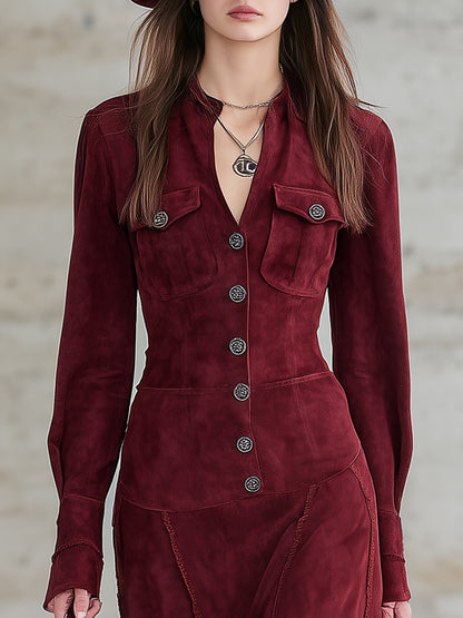 Retro V-neck Faux Suede Maxi Dress