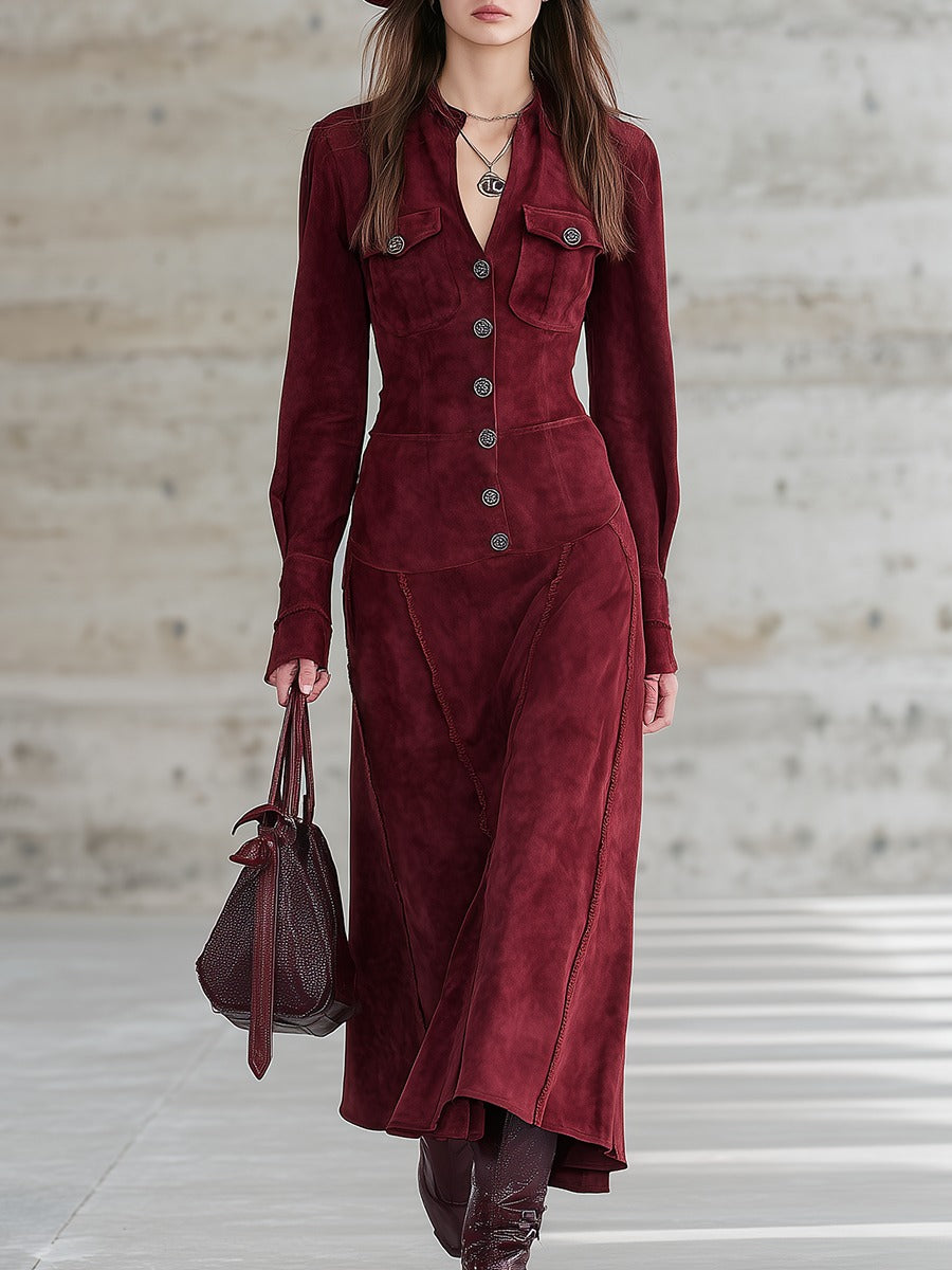 Retro V-neck Faux Suede Maxi Dress