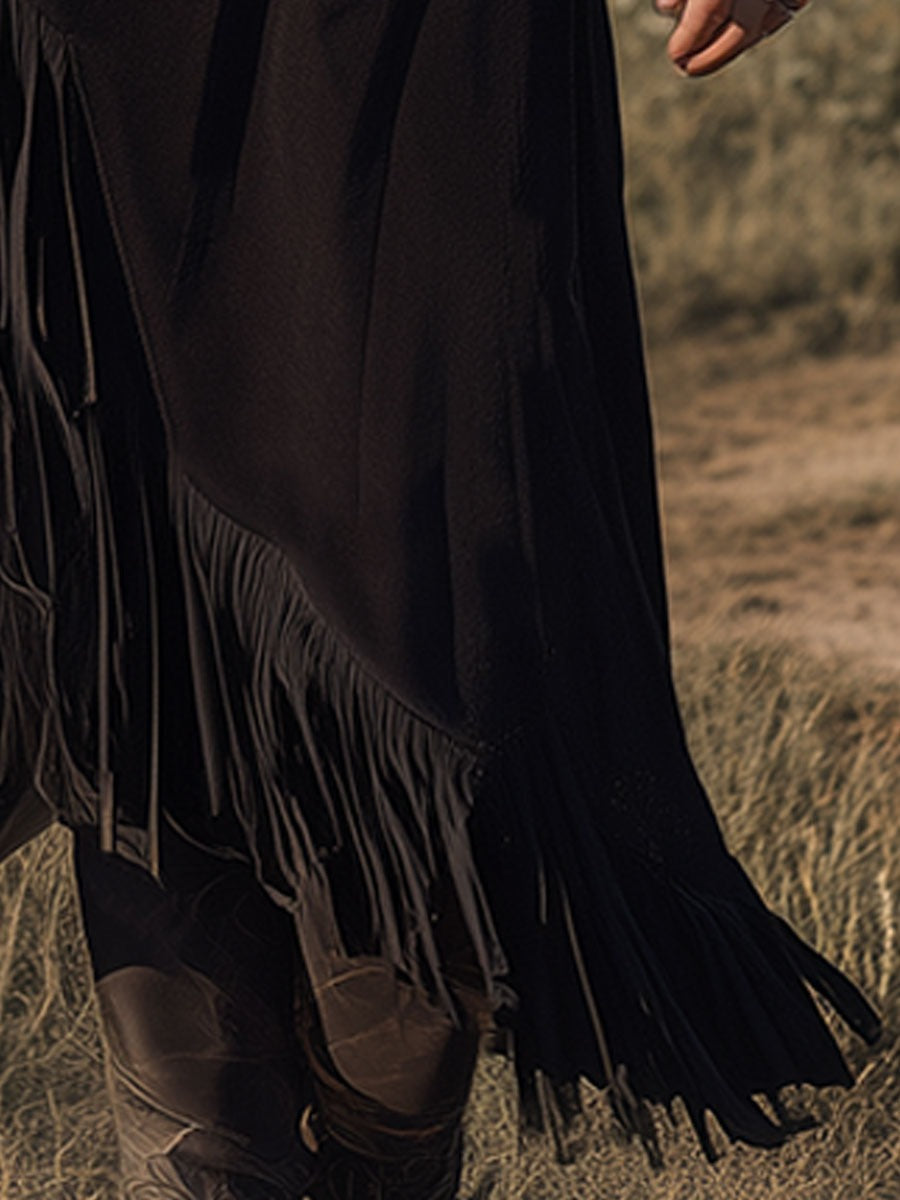 Western-style Retro Embroidered Black Faux Suede Tassel Midi Dress