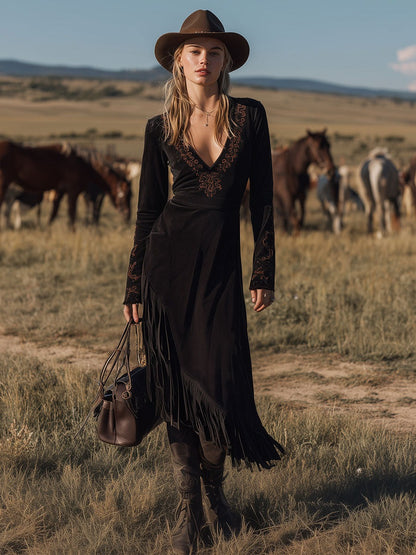 Western-style Retro Embroidered Black Faux Suede Tassel Midi Dress