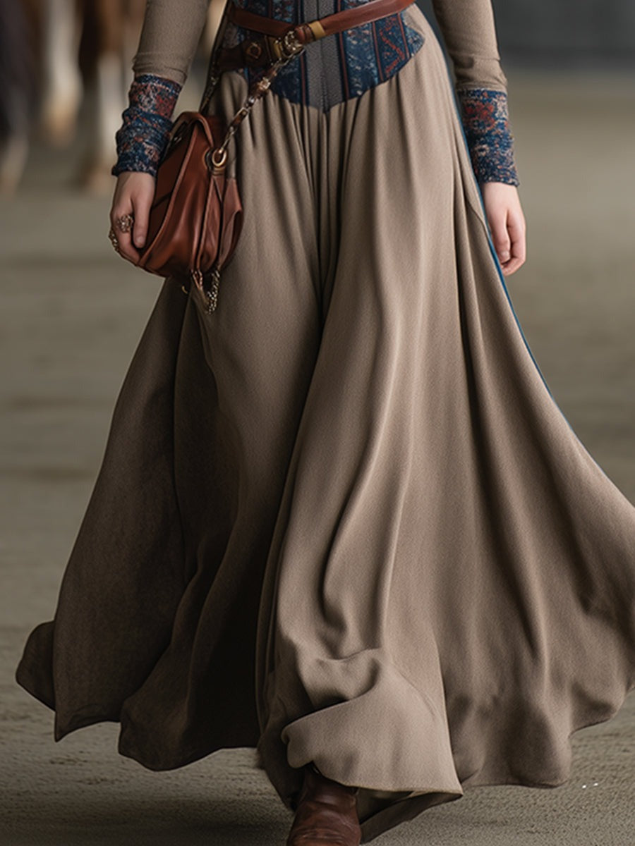 Retro Bohemian Collar Color-Blocked Print Khaki Maxi Dress