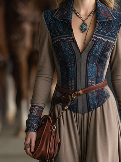 Retro Bohemian Collar Color-Blocked Print Khaki Maxi Dress