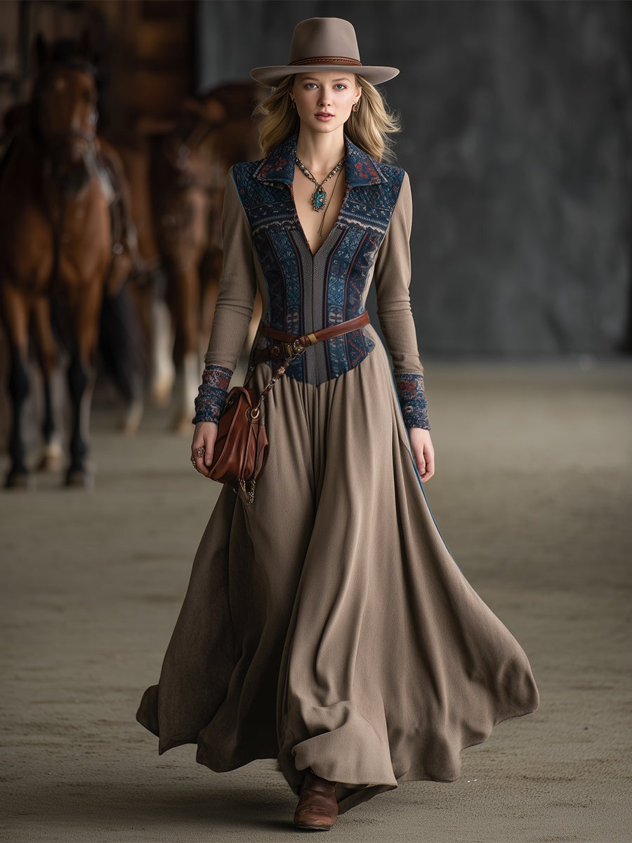 Retro Bohemian Collar Color-Blocked Print Khaki Maxi Dress