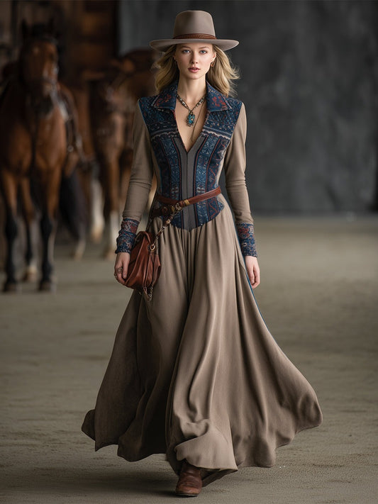 Retro Bohemian Collar Color-Blocked Print Khaki Maxi Dress