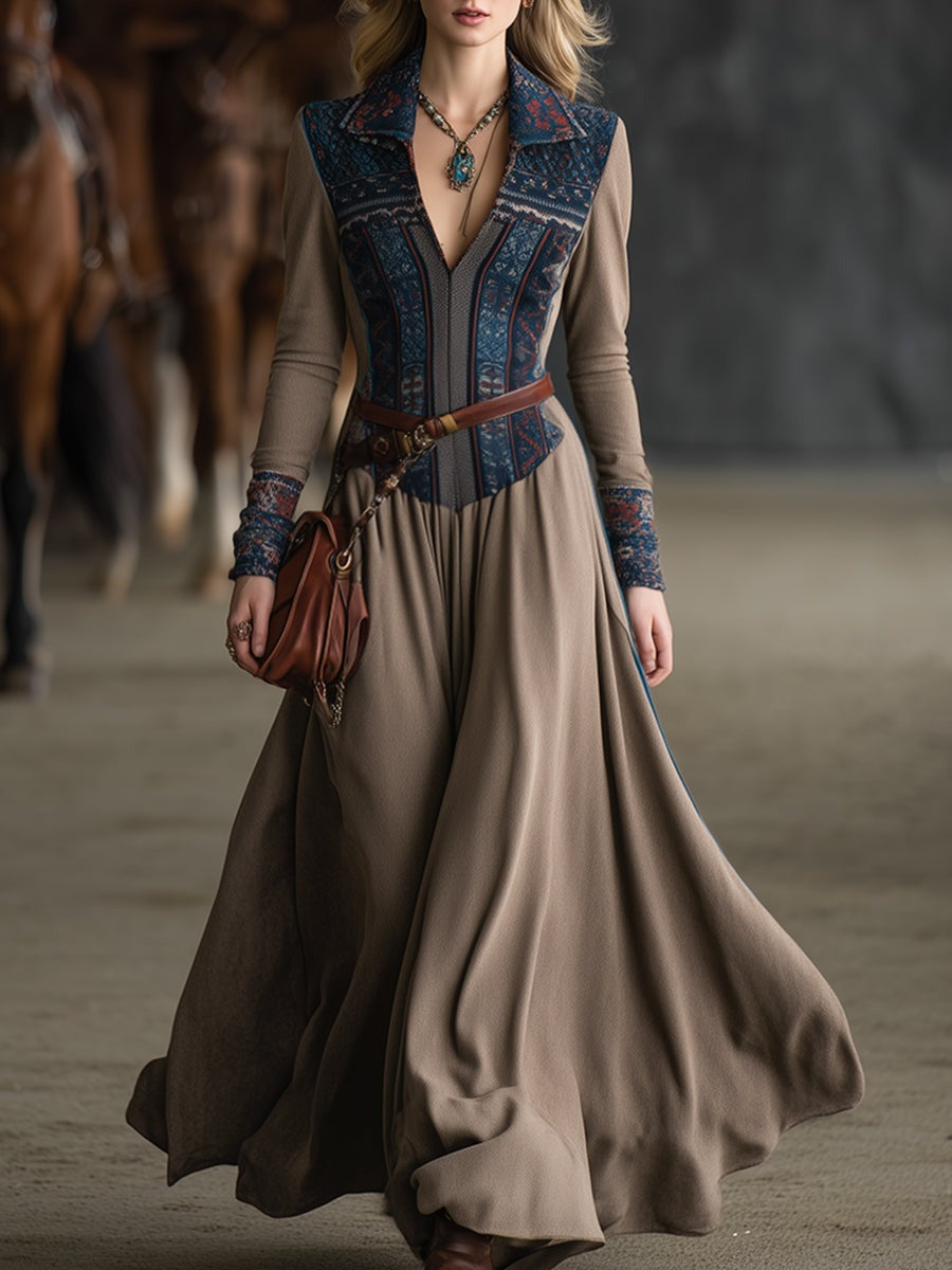 Retro Bohemian Collar Color-Blocked Print Khaki Maxi Dress