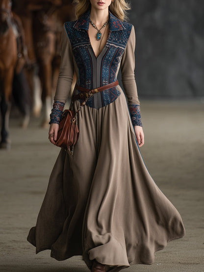 Retro Bohemian Collar Color-Blocked Print Khaki Maxi Dress