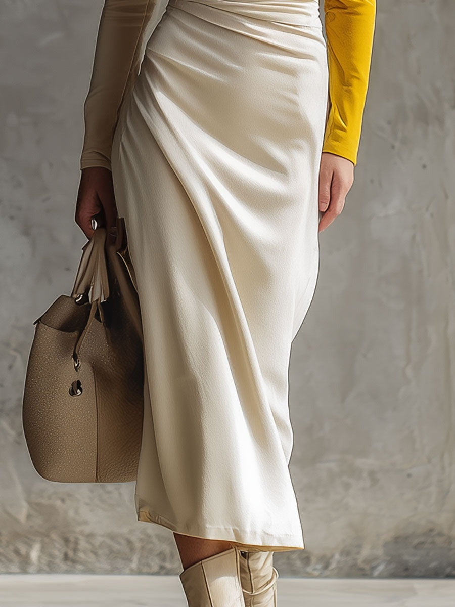 Elegant And Sophisticated Yellow And White Velvet Midi Dress