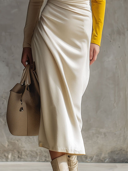 Elegant And Sophisticated Yellow And White Velvet Midi Dress