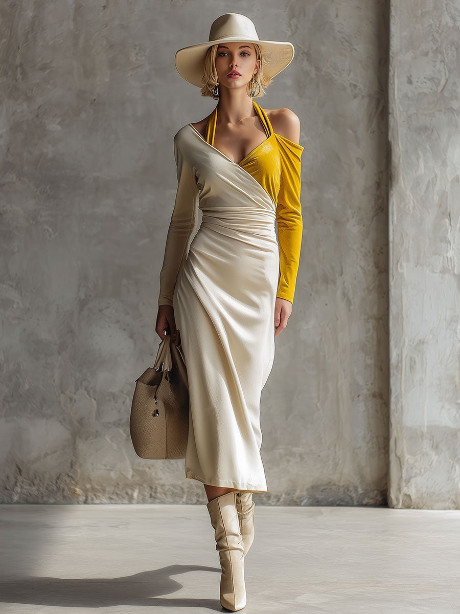 Elegant And Sophisticated Yellow And White Velvet Midi Dress