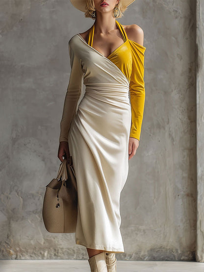 Elegant And Sophisticated Yellow And White Velvet Midi Dress